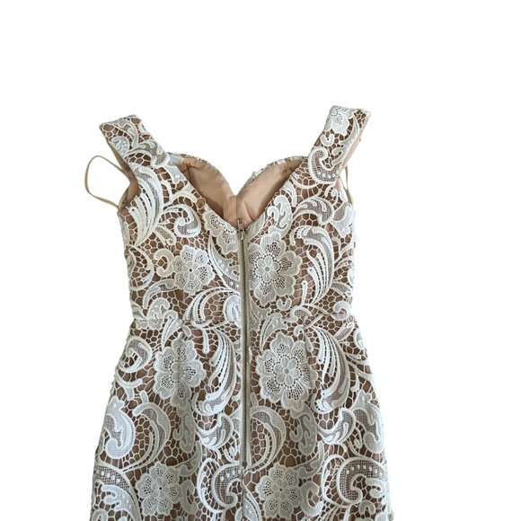 SISTARESS White Lace Nude Lined MIDI Weddjng Cocktail Dress Size Small - Picture 8 of 9